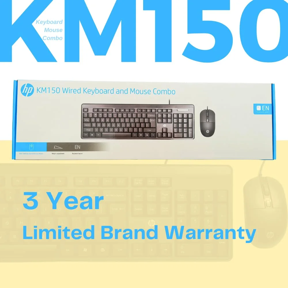 HP KM150 Wired Keyboard and Mouse Combo | Full-Size Keyboard| 1600 DPI Optical Sensor Mouse| USB Plug-and-Play |12 Shortcut Keys| Adjustable Slope image 2