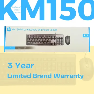 HP KM150 Wired Keyboard and Mouse Combo | Full-Size Keyboard| 1600 DPI Optical Sensor Mouse|  USB Plug-and-Play |12 Shortcut Keys| Adjustable Slope  thumbnail 1