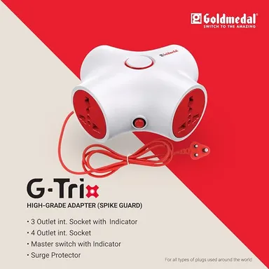 Goldmedal G-Trix 4X1 Spike High Guard Power Adaptor with 4 International Sockets, Master Switch & Surge Protector (White and Red) thumbnail 0