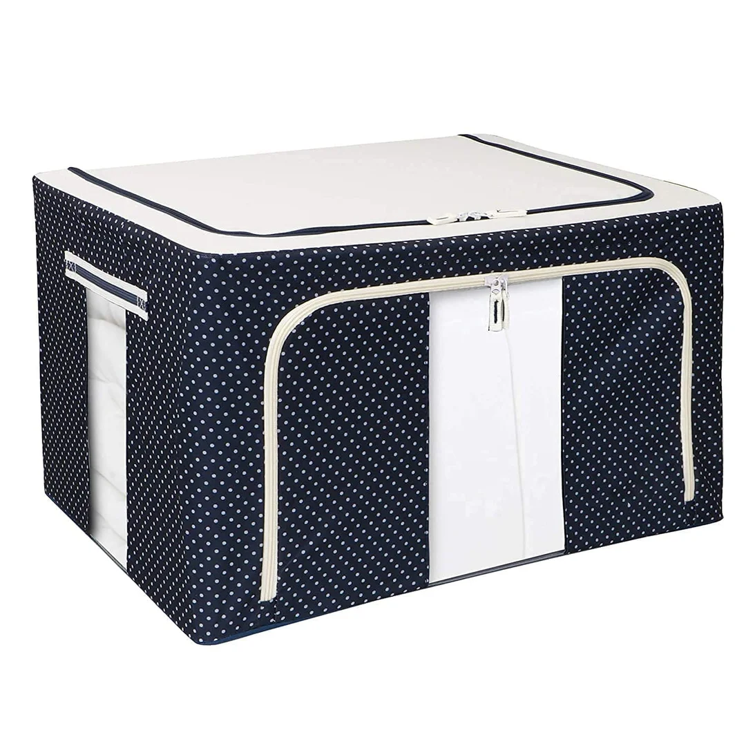 Premium Polka Dot Fabric Storage Box with Lid for Clothes Wardrobe Organiser Foldable Non-Woven Closet Storage Bin for Sarees Shirts Quilts Blankets Toys Dust-Free Space-Saving Home Organisation Solution image 1