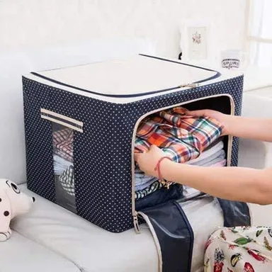 Premium Polka Dot Fabric Storage Box with Lid for Clothes Wardrobe Organiser Foldable Non-Woven Closet Storage Bin for Sarees Shirts Quilts Blankets Toys Dust-Free Space-Saving Home Organisation Solution thumbnail 2