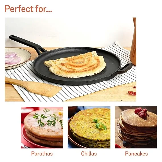 Super Smooth Cast Iron Dosa Tawa Heavy Duty Pre-Seasoned Iron Tawa for Crispy Dosa Roti Chapati Non-Toxic Indian Cookware Gas & Induction Compatible Kitchen Pan 10–12 Inch image 3