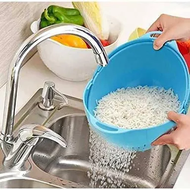 Multi-Purpose Plastic Washing Bowl for Rice Vegetables Fruits Noodles Pasta with Drain Holes Handle Lightweight Kitchen Colander Basket Multicolor thumbnail 1