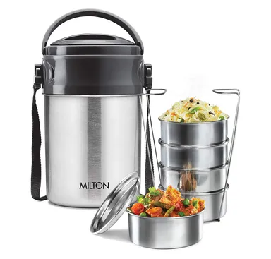 Milton Steel On 5 Tier Insulated Stainless Steel Tiffin Box 1.80 L – Leakproof, Double-Wall Hot & Cold Lunch Box for Office & School (Silver)