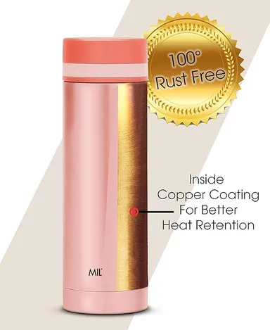 MILTON Slim 350 Thermosteel Vacuum Insulated Stainless Steel Water Bottle 340 ml Peach | Hot Cold 24 Hrs Leak-Proof Travel Flask | Slim Portable Daily Use thumbnail 1