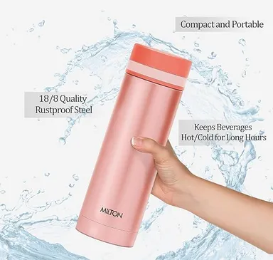 MILTON Slim 350 Thermosteel Vacuum Insulated Stainless Steel Water Bottle 340 ml Peach | Hot Cold 24 Hrs Leak-Proof Travel Flask | Slim Portable Daily Use thumbnail 2