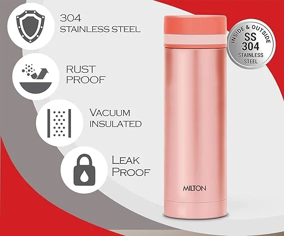 MILTON Slim 350 Thermosteel Vacuum Insulated Stainless Steel Water Bottle 340 ml Peach | Hot Cold 24 Hrs Leak-Proof Travel Flask | Slim Portable Daily Use image 4