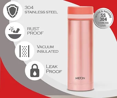 MILTON Slim 350 Thermosteel Vacuum Insulated Stainless Steel Water Bottle 340 ml Peach | Hot Cold 24 Hrs Leak-Proof Travel Flask | Slim Portable Daily Use thumbnail 3