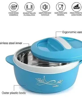 CELLO Sapphire 1000 ml Insulated Stainless Steel Casserole | Leakproof Food-Grade Thermoware Hot Pot for Roti Rice Curry thumbnail 1