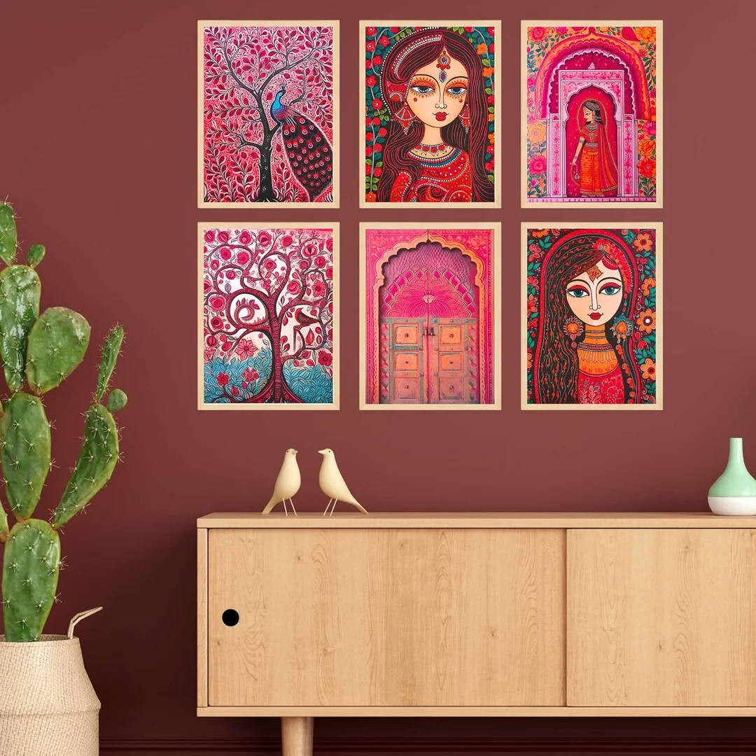 Set of Six Madhubani Wall Paintings - Large Framed Wall Art for Living Room & Bedroom & Office Wall Decor image 1