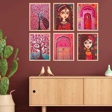 Set of Six Madhubani Wall Paintings - Large Framed Wall Art for Living Room & Bedroom & Office Wall Decor thumbnail 0