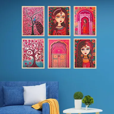 Set of Six Madhubani Wall Paintings - Large Framed Wall Art for Living Room & Bedroom & Office Wall Decor thumbnail 3
