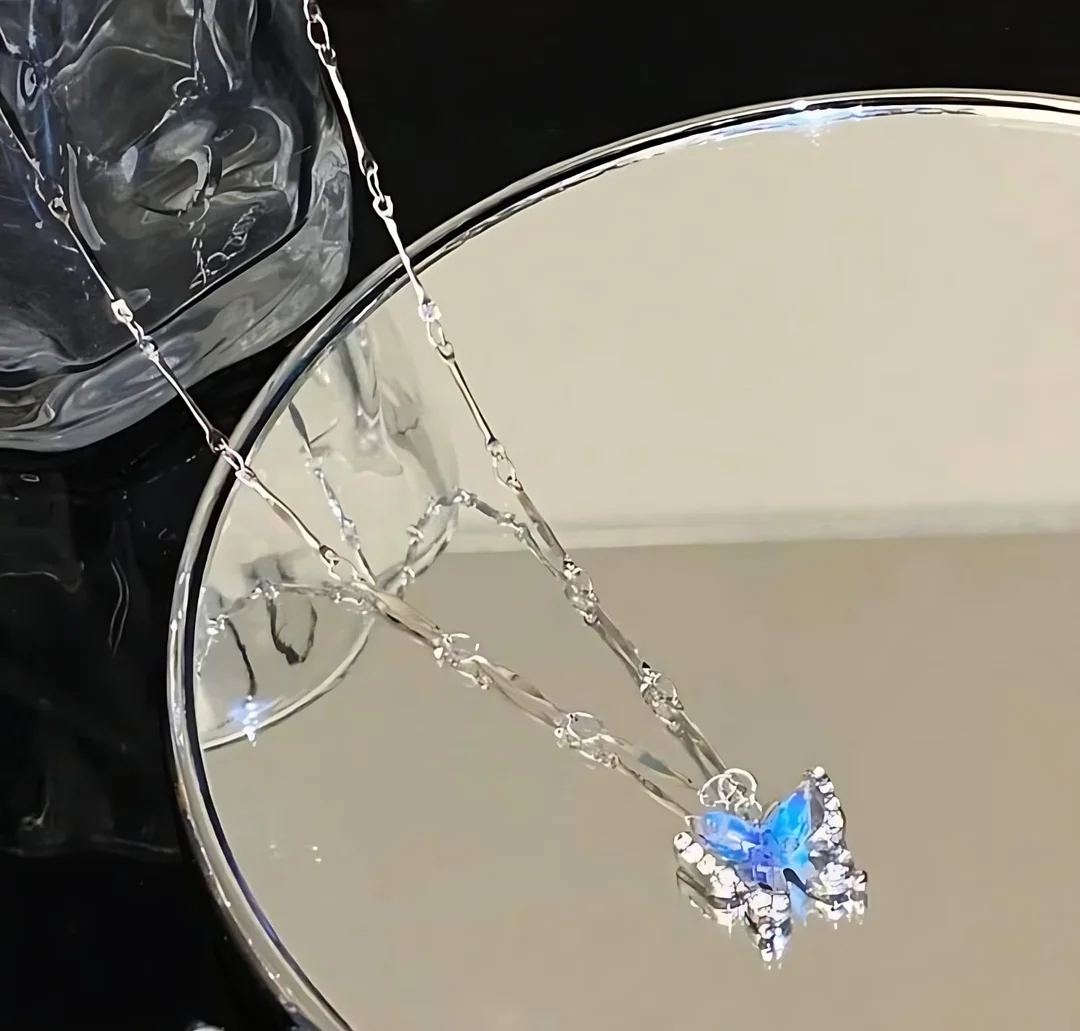 Blue Butterfly Pendant Necklace in Stainless Steel image 2