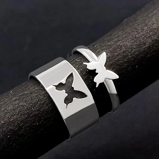 Silver Butterfly Couple Ring for Women & Men | Adjustable Romantic Jewelry Gift for Anniversary,|Wedding|Engagement image 2