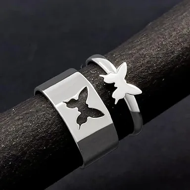 Silver Butterfly Couple Ring for Women & Men | Adjustable Romantic Jewelry Gift for Anniversary,|Wedding|Engagement thumbnail 1