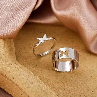 Silver Butterfly Couple Ring for Women & Men | Adjustable Romantic Jewelry Gift for Anniversary,|Wedding|Engagement thumbnail 2