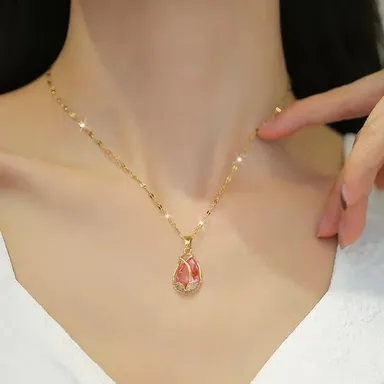 Stainless Steel Artificial Necklace for Women, Pink Tulip Design Gold Plated Jewelry by Trivya thumbnail 0