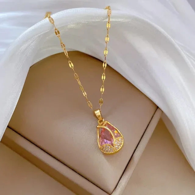 Stainless Steel Artificial Necklace for Women, Pink Tulip Design Gold Plated Jewelry by Trivya image 2