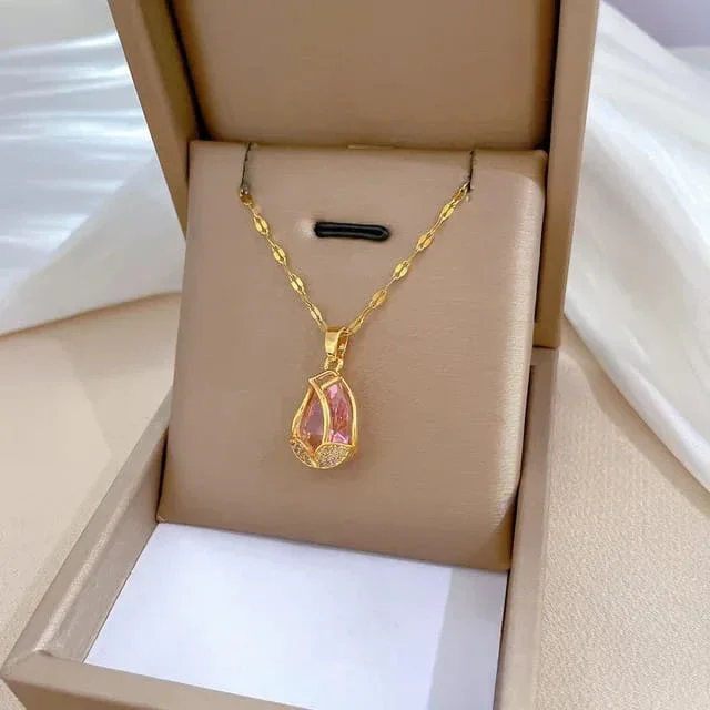 Stainless Steel Artificial Necklace for Women, Pink Tulip Design Gold Plated Jewelry by Trivya image 3