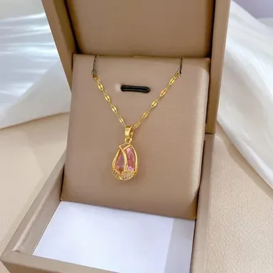 Stainless Steel Artificial Necklace for Women, Pink Tulip Design Gold Plated Jewelry by Trivya thumbnail 2