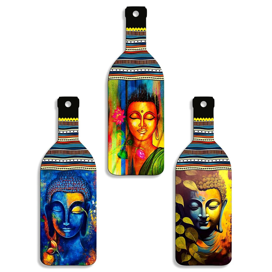 Buddha Wall Hanging | Set of 3 Wooden Bottle Shape Spiritual Decor for Living Room, Bedroom & Office by vibhasha image 1