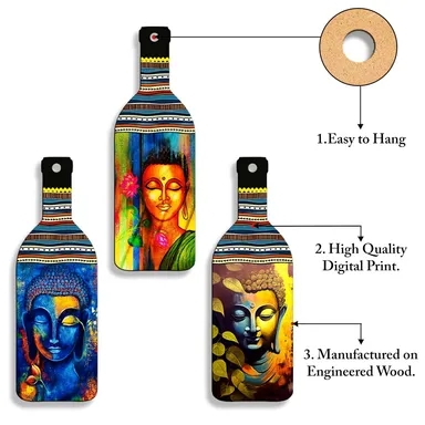 Buddha Wall Hanging | Set of 3 Wooden Bottle Shape Spiritual Decor for Living Room, Bedroom & Office by vibhasha  thumbnail 1
