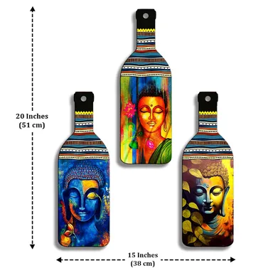 Buddha Wall Hanging | Set of 3 Wooden Bottle Shape Spiritual Decor for Living Room, Bedroom & Office by vibhasha  thumbnail 2