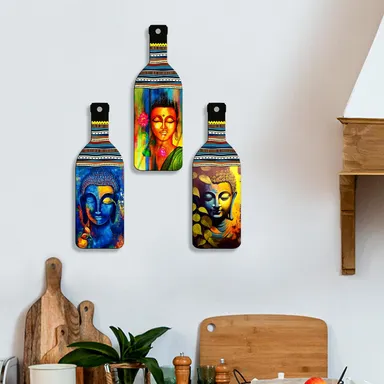 Buddha Wall Hanging | Set of 3 Wooden Bottle Shape Spiritual Decor for Living Room, Bedroom & Office by vibhasha  thumbnail 3