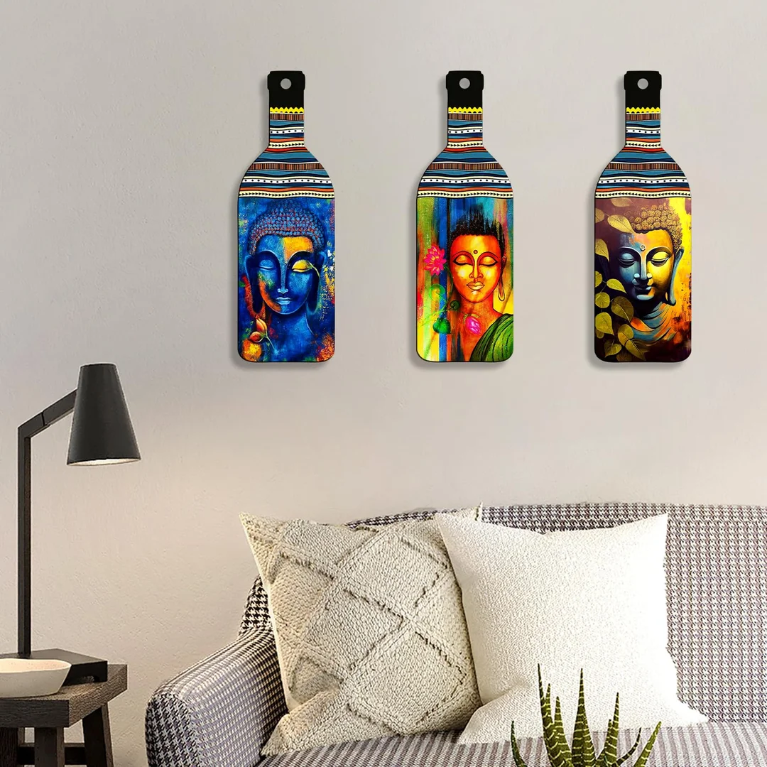 Buddha Wall Hanging | Set of 3 Wooden Bottle Shape Spiritual Decor for Living Room, Bedroom & Office by vibhasha image 6