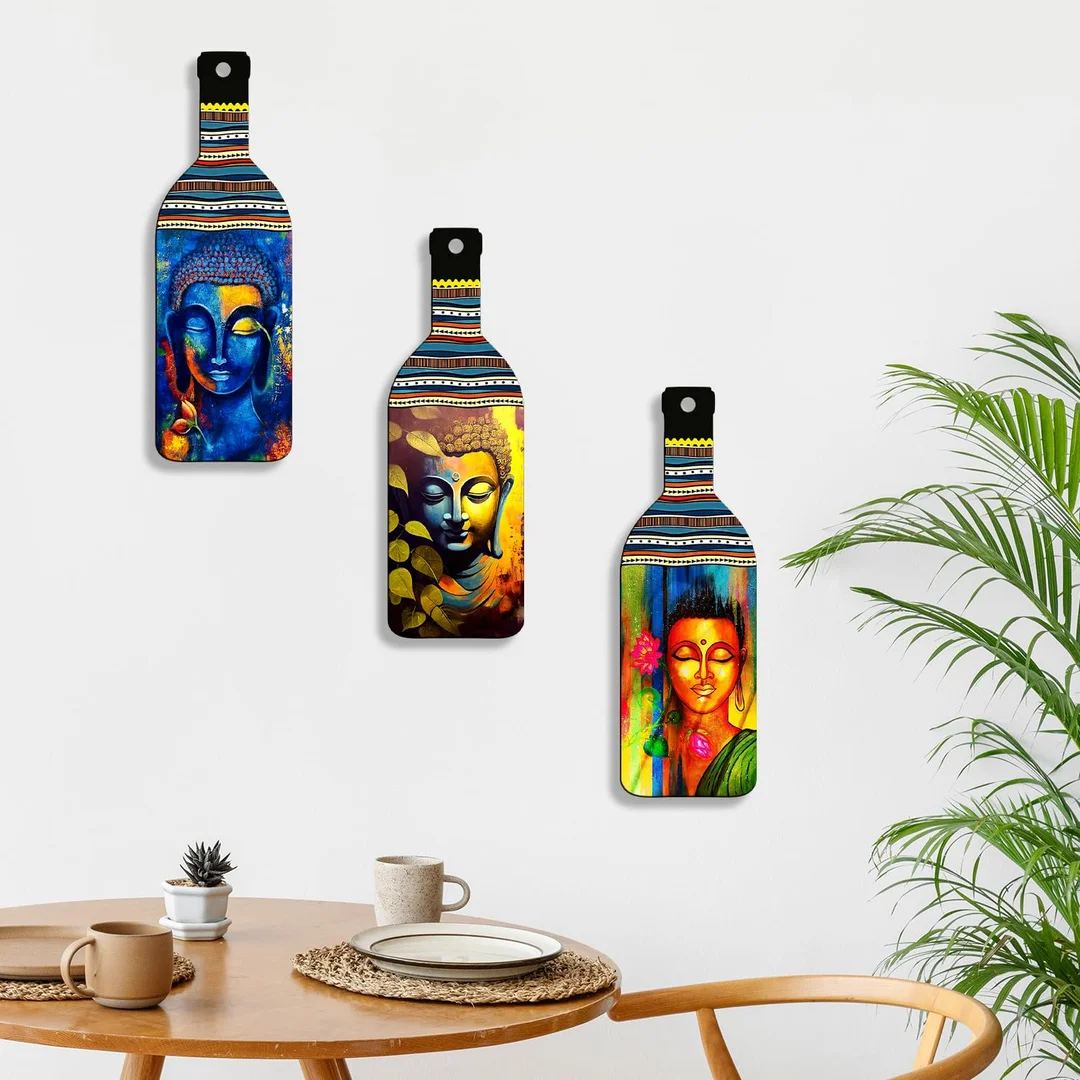 Buddha Wall Hanging | Set of 3 Wooden Bottle Shape Spiritual Decor for Living Room, Bedroom & Office by vibhasha image 7