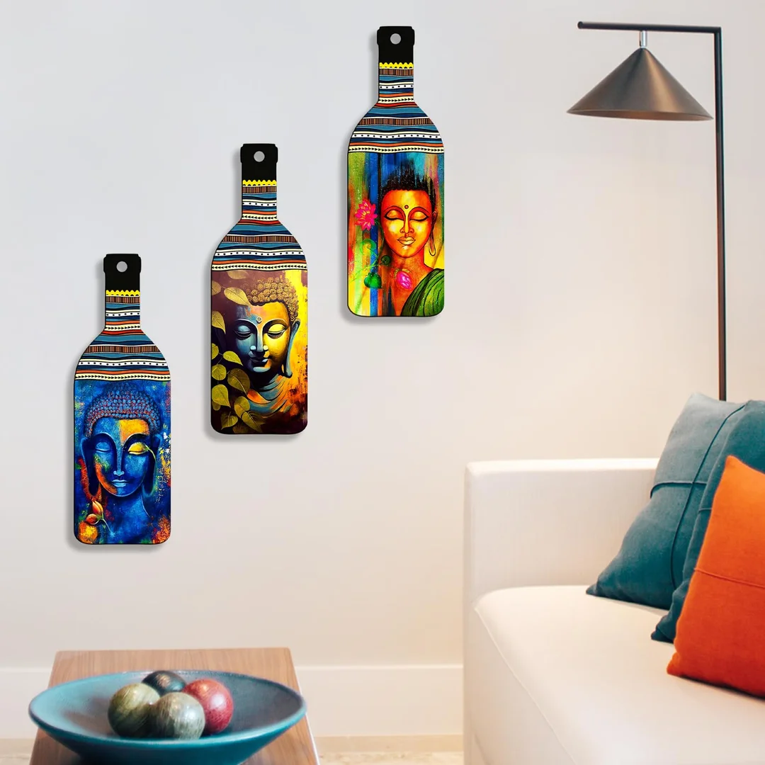 Buddha Wall Hanging | Set of 3 Wooden Bottle Shape Spiritual Decor for Living Room, Bedroom & Office by vibhasha image 9