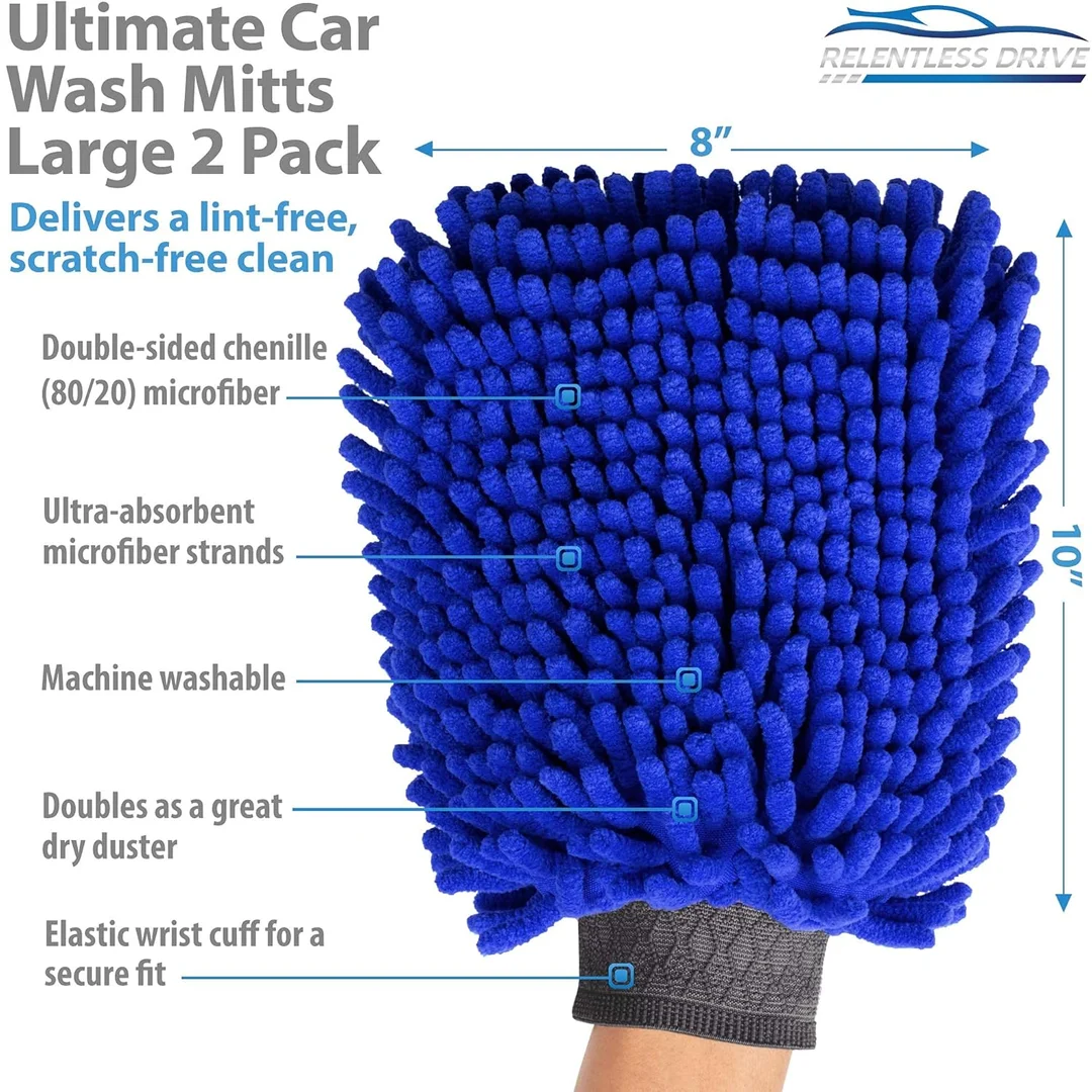 CarFrill Chenille Microfiber Car Wash Mitt | Ultra Absorbent Scratch Free Wash Sponge for Cars, Trucks, SUVs, Boats & Motorcycles | 2 Pack, Large Size image 2