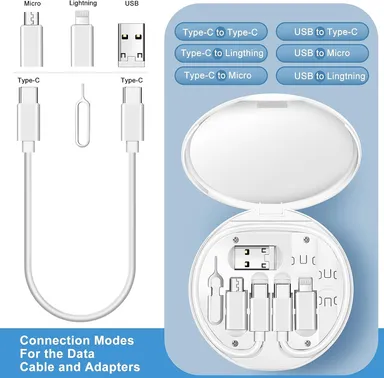 CarFrill USB C to Lightning Adapter Kit | Multi Charging Cable Set for iPhone, USB C to Type C, iOS Device, Micro Adapter, Travel Data Cable, Phone Holder, Card Storage, Tray Eject Pin | White thumbnail 1