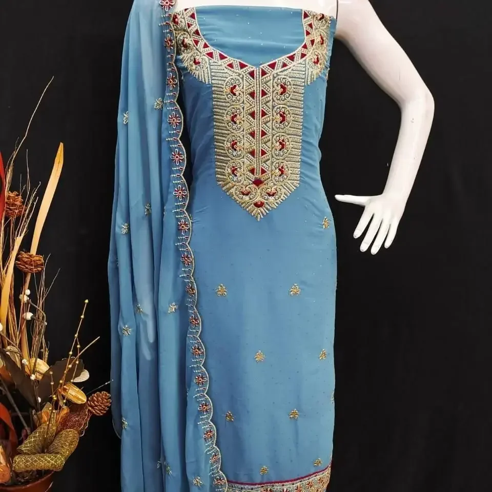 Georgette Dress Material for Women | Jari Work| Siroshki Diamond| Unstitched| Embroidered Fabric image 1