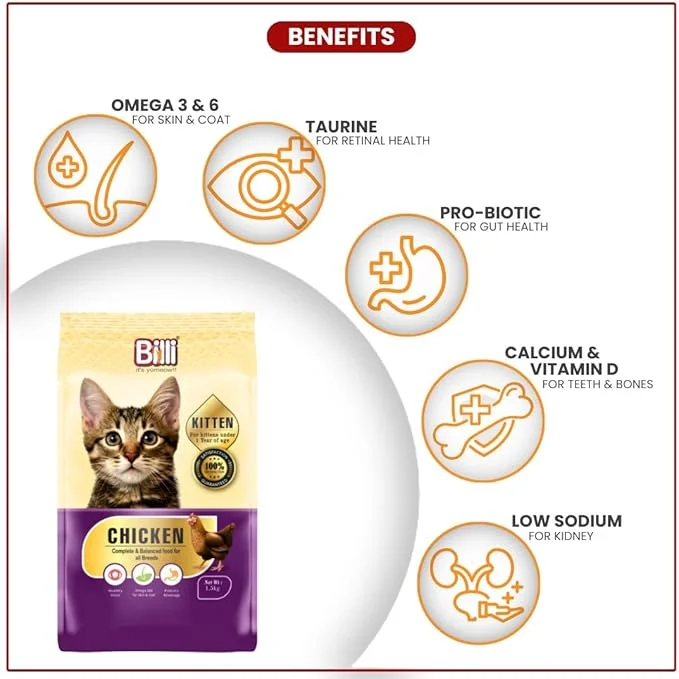 Combo Pack of 2 Billi Kitten Chicken Cat Food 500gm Pouch (1kg Total) Premium Dry Kitten Food for Newborn & Young Kittens Complete Balanced Diet image 3