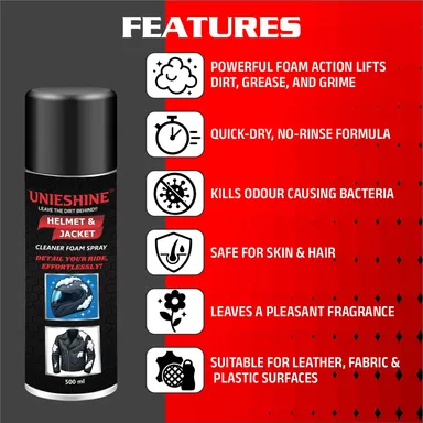 UNIESHINE Helmet Cleaner Spray & Jacket Foam | Deep Clean Riding Gear, No Rinse, Quick Dry, Odor Remover thumbnail 5