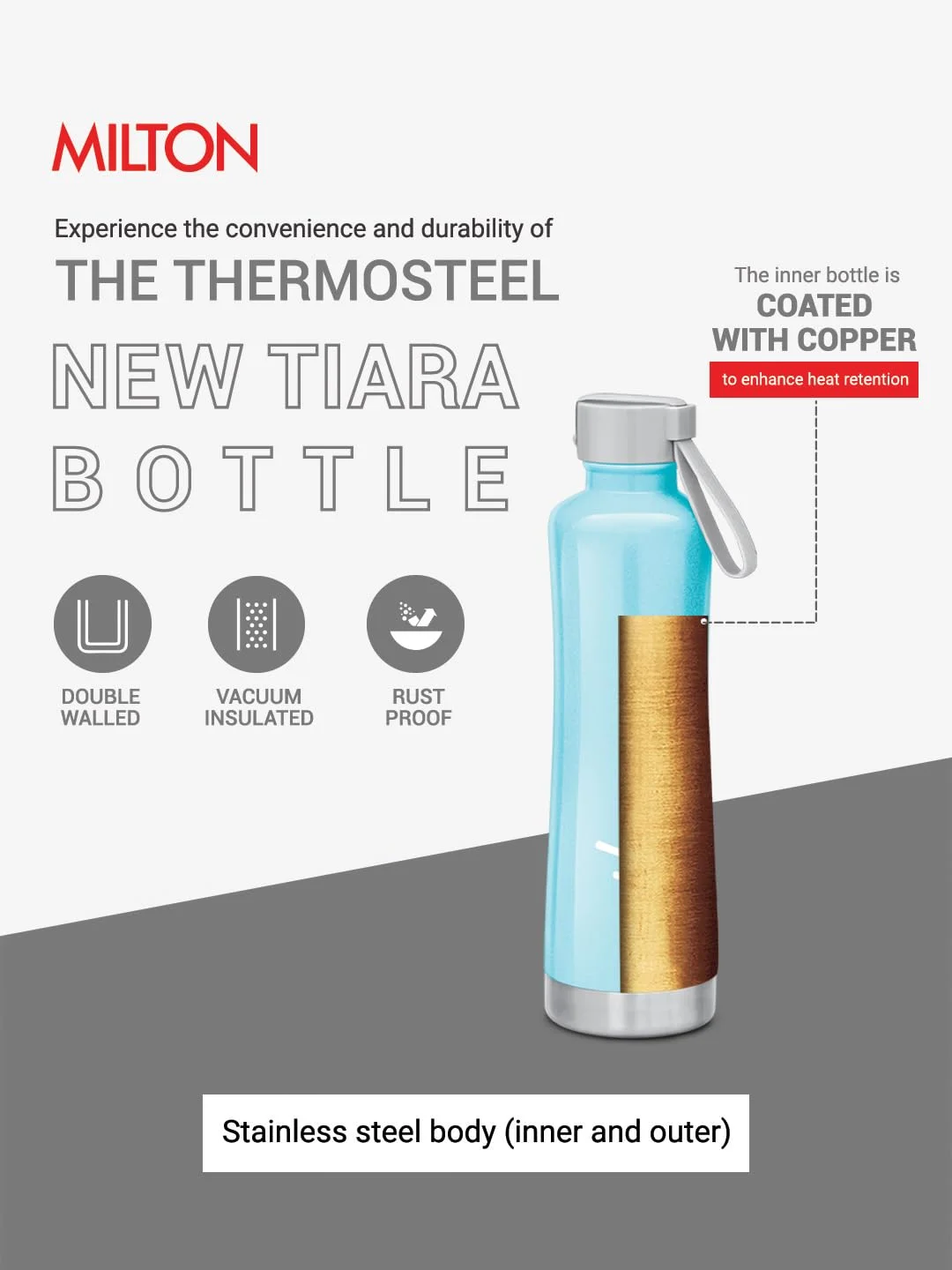 Milton New Tiara 600 Thermosteel Water Bottle 490 ml | Hot & Cold Insulated Bottle – Sky Blue image 3