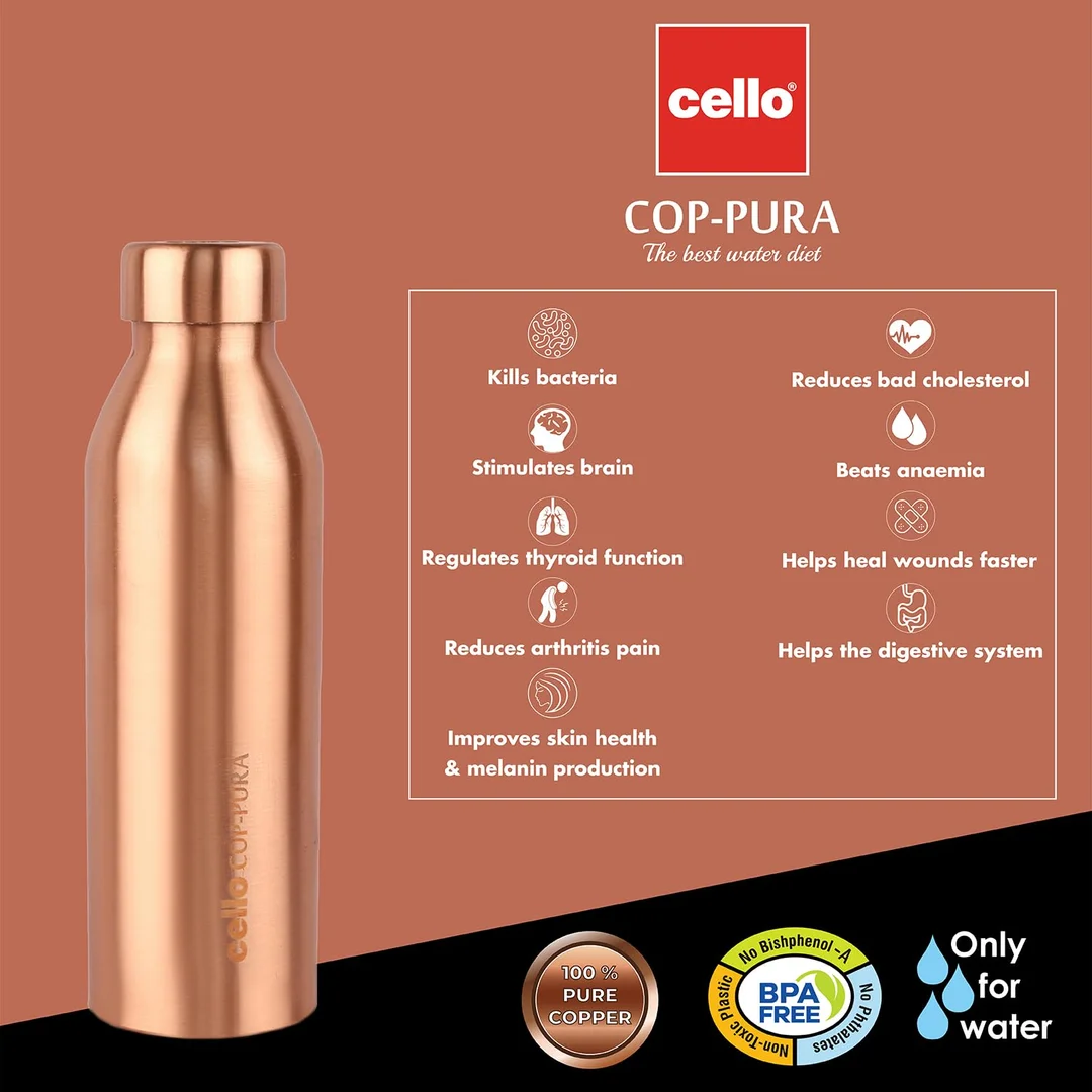 Cello Cop-Pura Moksha Pure Copper Water Bottle 1000ml Ayurvedic Healthy Drinking Bottle for Daily Detox Home Office Travel image 4