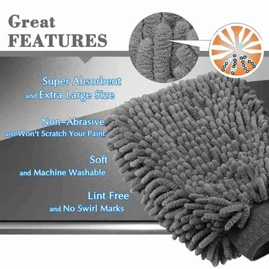 CarFrill Premium Chenille Microfiber Car Wash Mitt | Large Size Wash Glove and Lint Free Microfiber Towels Set ( 2 Mitts + 2 Towels ) thumbnail 2