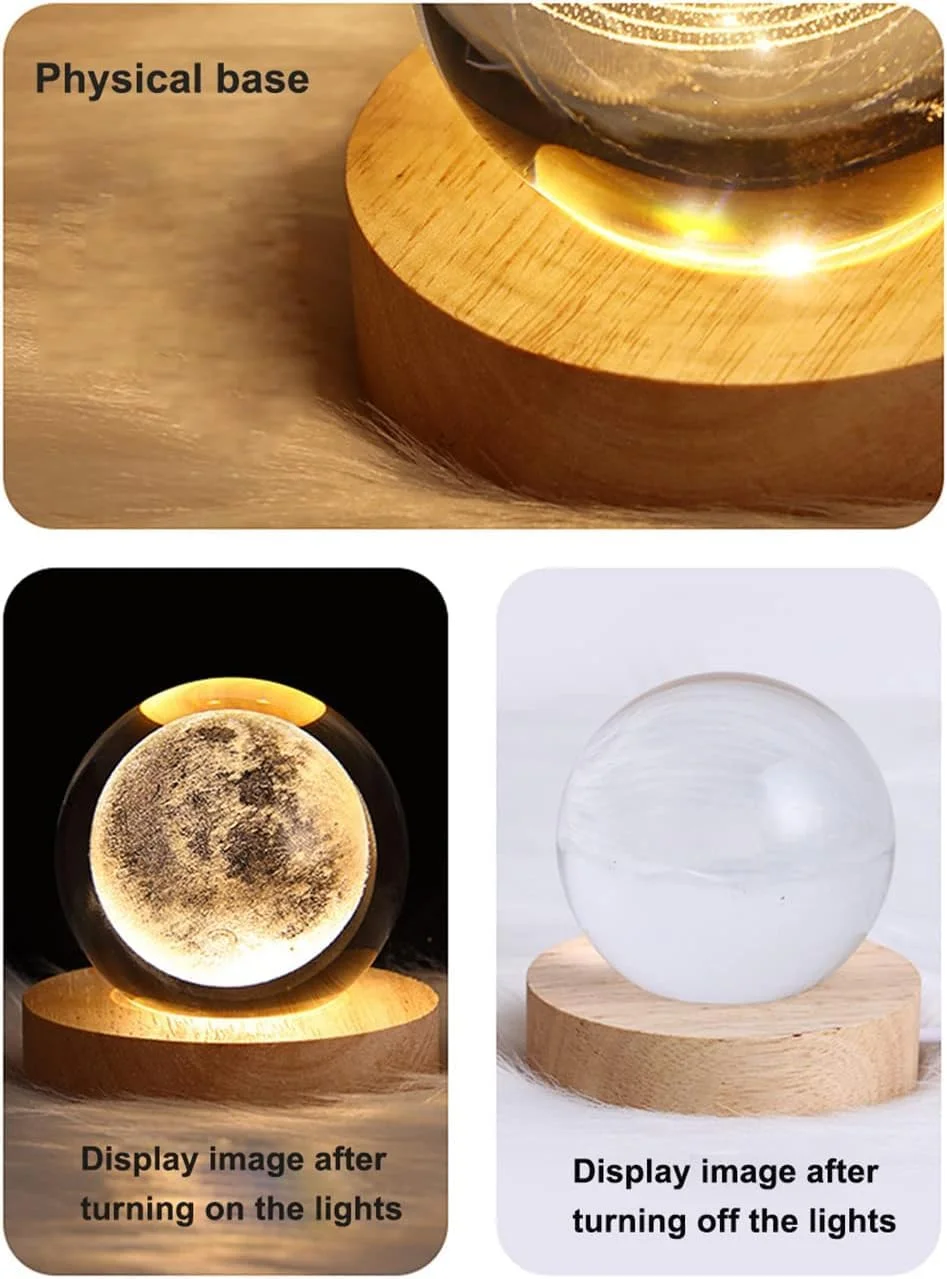 3D Moon Crystal Ball Night Light with LED Wooden Base USB Powered Planet Projection Lamp for Bedroom Living Room Kids Room Home Decor and Gifting image 2