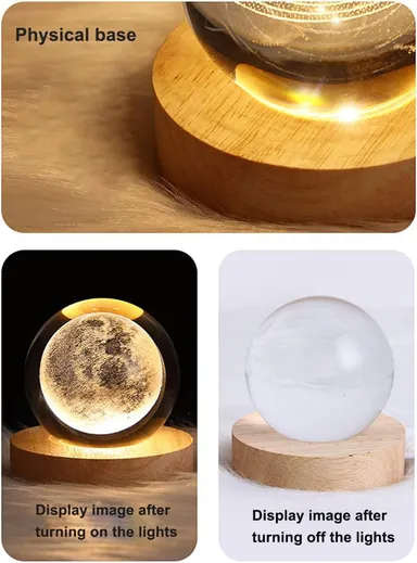 3D Moon Crystal Ball Night Light with LED Wooden Base USB Powered Planet Projection Lamp for Bedroom Living Room Kids Room Home Decor and Gifting thumbnail 1