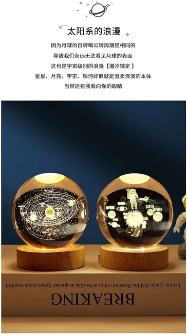 3D Moon Crystal Ball Night Light with LED Wooden Base USB Powered Planet Projection Lamp for Bedroom Living Room Kids Room Home Decor and Gifting thumbnail 2