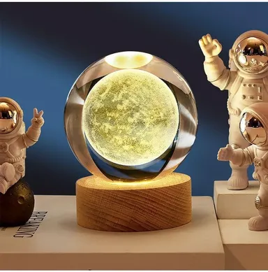 3D Moon Crystal Ball Night Light with LED Wooden Base USB Powered Planet Projection Lamp for Bedroom Living Room Kids Room Home Decor and Gifting thumbnail 3