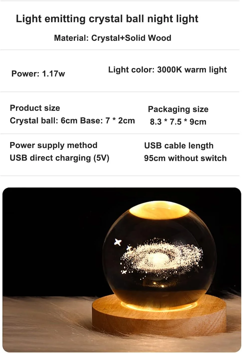 3D Moon Crystal Ball Night Light with LED Wooden Base USB Powered Planet Projection Lamp for Bedroom Living Room Kids Room Home Decor and Gifting image 5