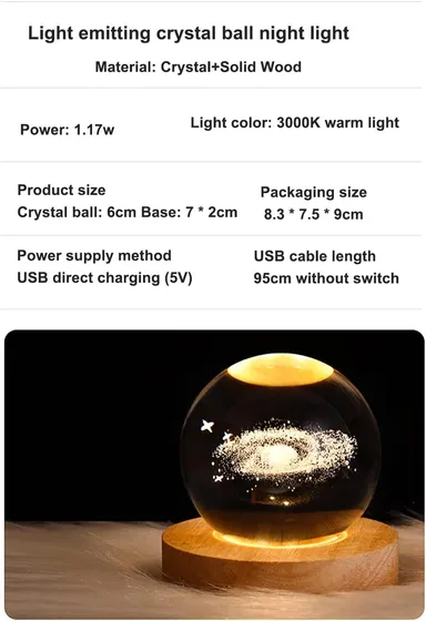 3D Moon Crystal Ball Night Light with LED Wooden Base USB Powered Planet Projection Lamp for Bedroom Living Room Kids Room Home Decor and Gifting thumbnail 4