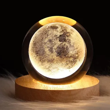 3D Moon Crystal Ball Night Light with LED Wooden Base USB Powered Planet Projection Lamp for Bedroom Living Room Kids Room Home Decor and Gifting thumbnail 0