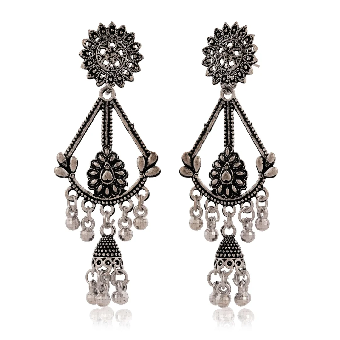 Silver Oxidised Chandbali Earrings |Traditional Ethnic Jhumka Earrings for Women image 1