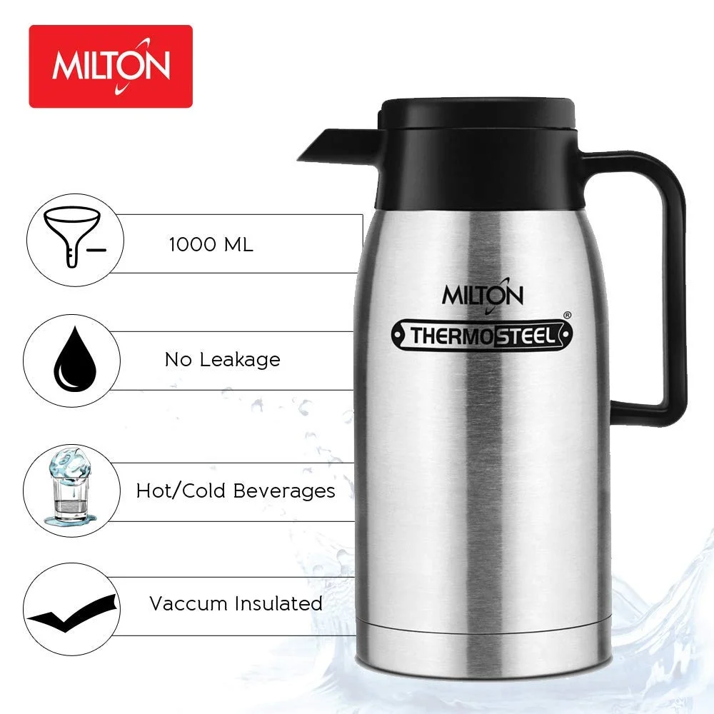 Milton Omega Thermosteel Carafe 1000 ml Stainless Steel Vacuum Insulated Flask | 24h Hot Cold Retention Leakproof Press‑Pour for Tea Coffee Water image 2