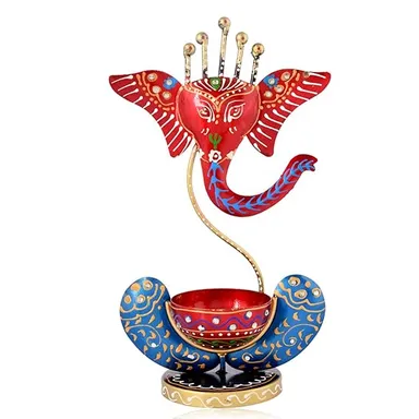 Lord Ganesha Tealight Candle Holder- Hand Painted Metal Decorative Statue, Red-Blue, Perfect for Pooja Room & Diwali Decoration  thumbnail 0