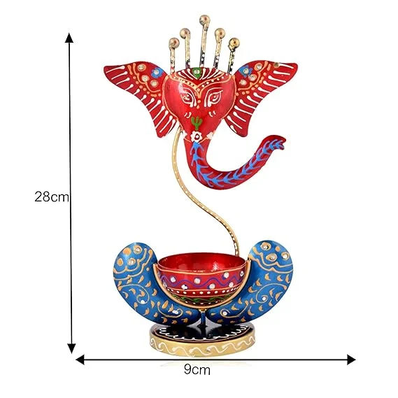 Lord Ganesha Tealight Candle Holder- Hand Painted Metal Decorative Statue, Red-Blue, Perfect for Pooja Room & Diwali Decoration  image 2